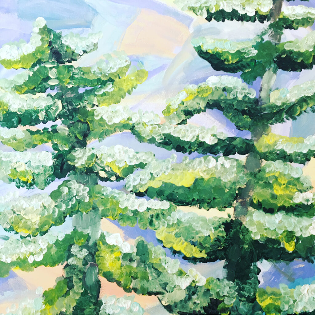 large canvas painting of evergreen trees