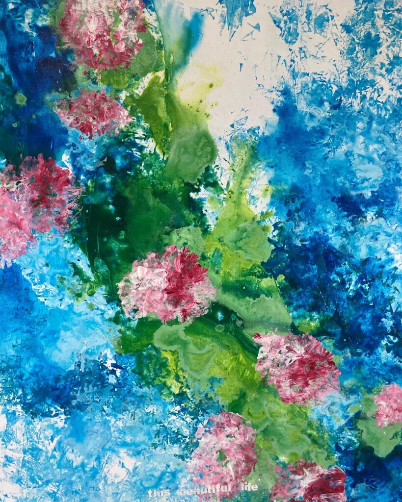 vibrant, textured painting with blues, greens, and pink