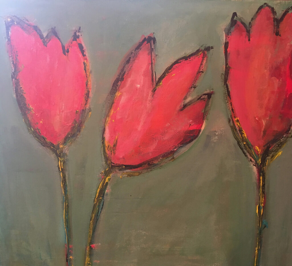 red tulips painted on canvas over muddy green background