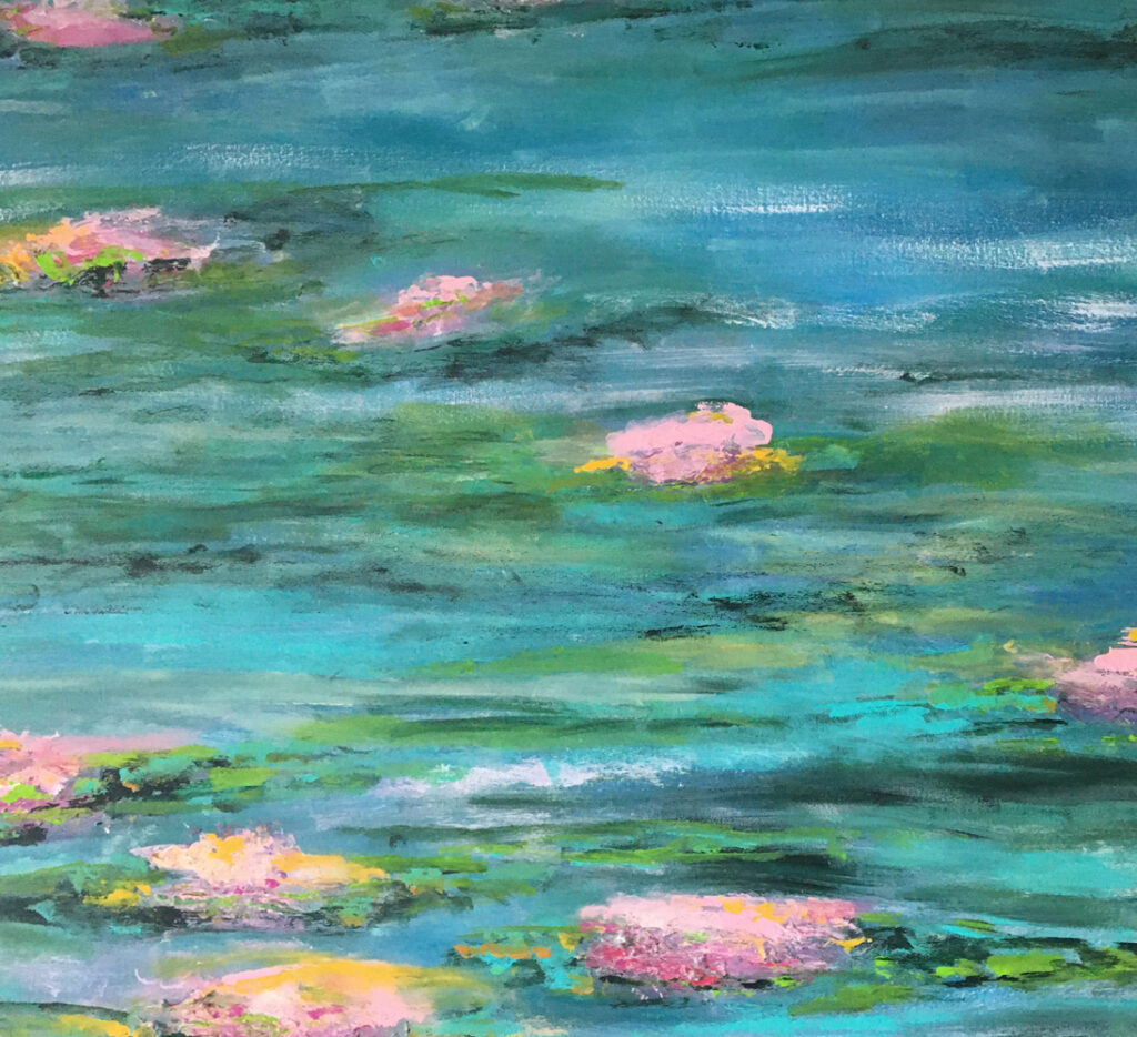 abstract monet inspired painting of water with pink flowers