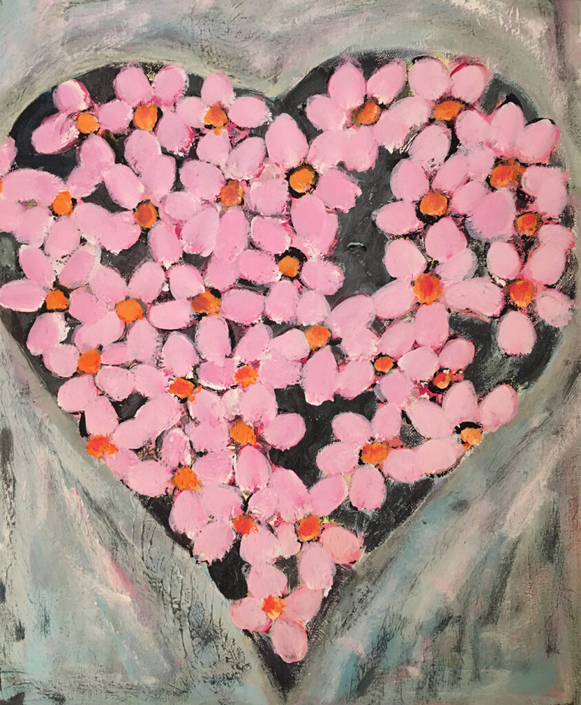 painting of pink flowers filling a heart